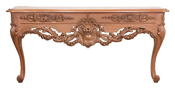 Phyllis Morris console table: Phyllis Morris console table, executed in the Louis XV style, having a shaped top, above the pierce decorated apron, accented with a shell medallion, and rising on cabriole legs, signed to underside,
