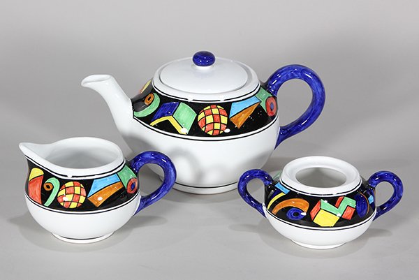 John Okulick polychrome decorated ceramic tea set (1 of 3)