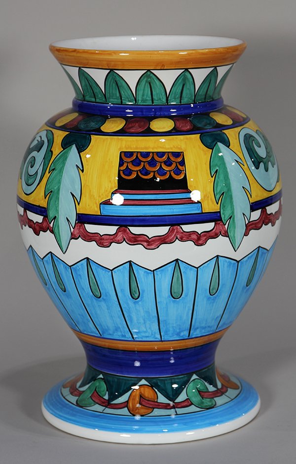 John Okulick large polychrome decorated ceramic vase: John Okulick (American, born 1947), large polychrome decorated ceramic "Man in the Mirror" vase, having a Classical style urn form, accented with foliage and abstract geometric designs, 17.5"h