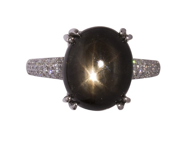 Black star sapphire, diamond and 14k white gold ring (1 of 3)