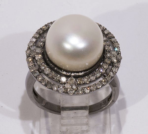 Cultured pearl, diamond and sterling silver ring (1 of 3)