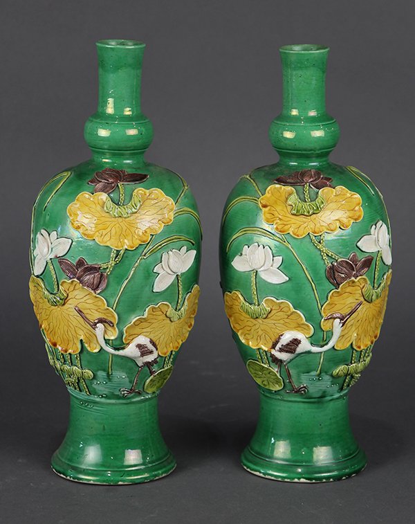 Chinese Fahua Type Green Vases, Lotus Pond (1 of 6)