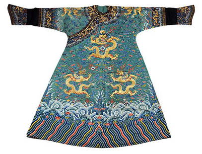 Chinese Turquoise Gauze Jifu Dragon Robe: Chinese turquoise ground gauze jifu robe, 19th century/early 20th century, featuring nine gilt couched five-claw dragons amid color clouds above a lishui border, 51.25"h. Provenance: private estate, O