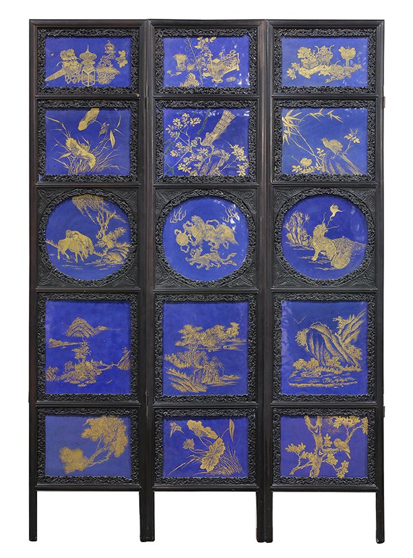 Chinese Porcelain Plaque Inset Screen, Gilt on Blue (1 of 9)