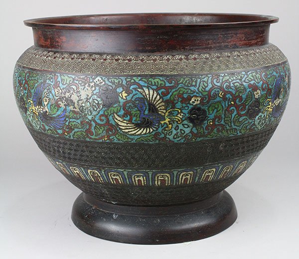 Japanese Large Champleve Basin: Japanese champleve basin/hibachi, Meiji period, short neck above the bulbous body, decorated with phoenix and flowers, on short circular foot, approx. 10.5"h x 14"dia