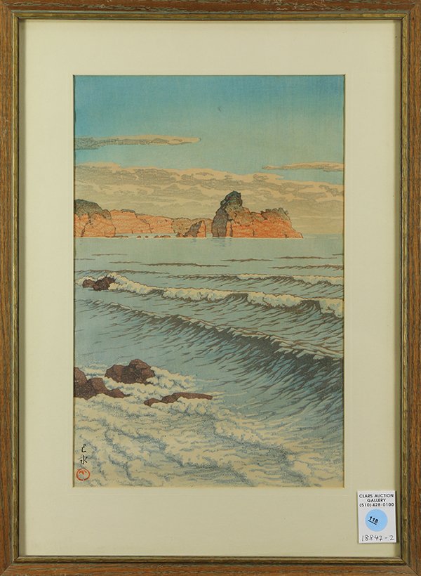 Japanese Woodblock Prints, Kawase Hasui: Kawase Hasui (Japanese, 1883-1957), 1933, 'Morning Sea at Shiribeshi', woodblock print; sight: 14"h x 9.25"w, frame: 19.5"h x 14.25"w