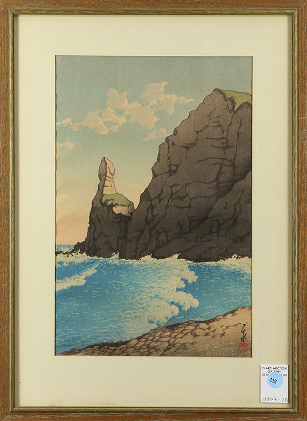Japanese Woodblock Print, Kawase Hasui: Kawase Hasui (Japanese, 1883-1957), 'Setakamui Rock, Shiribashi', woodblock print, 1933, sight: 14"h x 9.25"w, frame: 19.5"h x 14.25"w