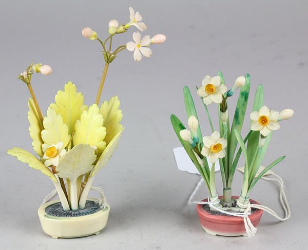 (Lot of 2) Carved and stained ivory floral arrangements (1 of 5)