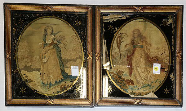 Lot of 4 Georgian allegorical figural embroideries: (lot of 4) Georgian allegorical figural embroideries, 18th Century, depicting the seasons including "Spring" and "Autumn", silk thread on painted silk, one depicting a woman with a harvest cornicopia,