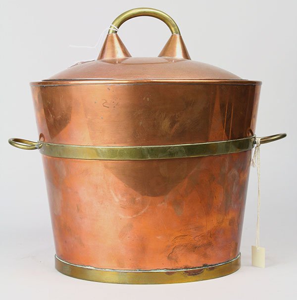 Copper wine Cooler, early 20th century, having a: Copper wine Cooler, early 20th century, having a stainless interior liner with copper outer surface and brass handles, 11"h x 10.5"dia., Provenance: The Birmingham Museum of Art