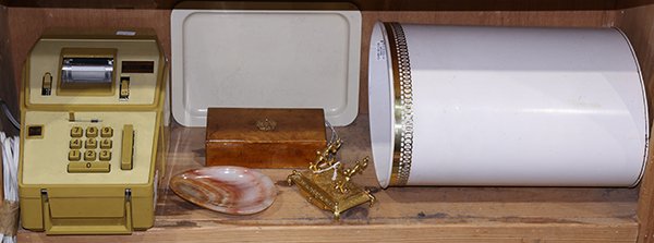 (lot of 6) Group of decorative objects consisting of an: (lot of 6) Group of decorative objects consisting of an enameled metal tray, a wastebasket, an agate ashtray, vintage Tally Master adding machine, and a burr birch cigar box with applied Romanov coat-