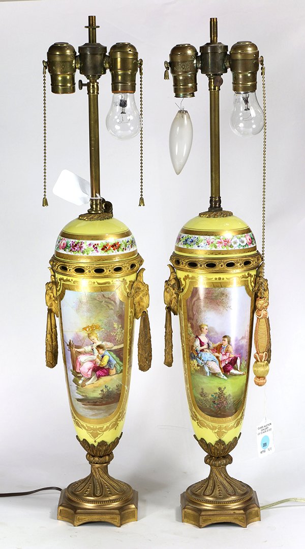 Pair of Sevres style lamps, of urn form, the gilt (1 of 2)