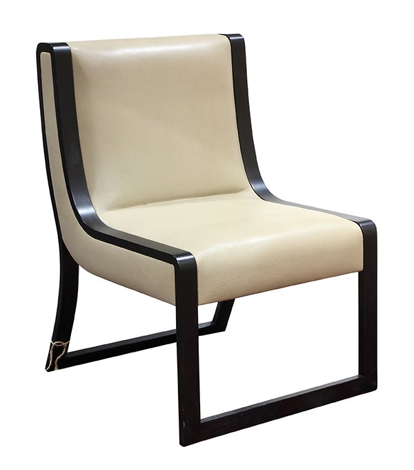 Wendell Castle for American Craftsman "Slice" chair: Wendell Castle for American Craftsman "Slice" chair, having a walnut finished frame, continuing to the shaped taupe upholstered seat, 37"h x 25"w x 26"d