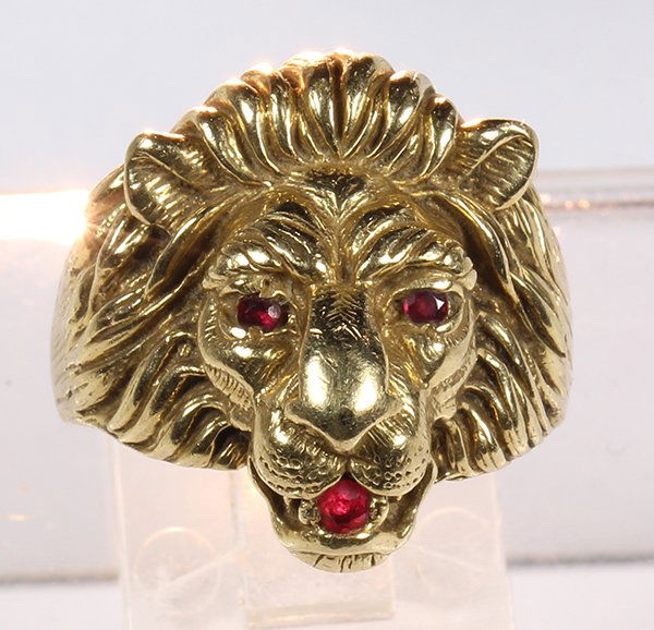 Ruby and 14k yellow gold lion head ring (1 of 4)