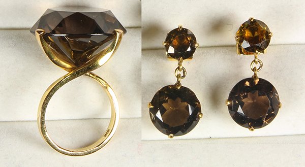 (Lot of 2) Smoky quartz, zircon, 14k yellow gold: (Lot of 2) Smoky quartz, zircon, 14k yellow gold jewelry suite including one round-cut smoky quartz, weighing approximately 34.50 cts., set in a 14k yellow gold ring mounting size 6 1/2 together with 