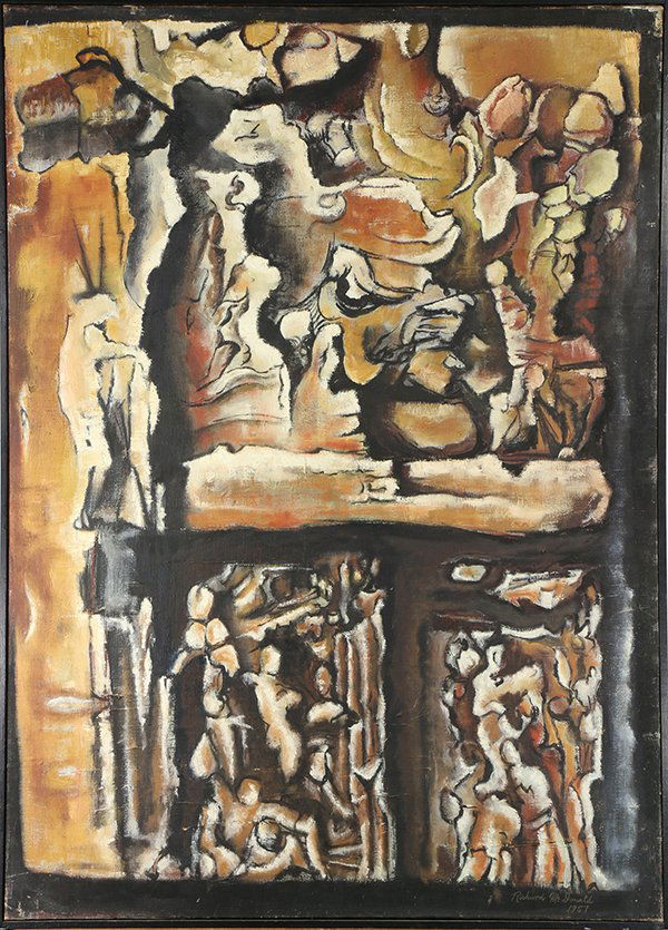 Richard J. McDonald: Richard J. McDonald (American, 20th century), Continental Plate, 1957, oil on canvas, signed and dated lower left, signed verso, overall (with frame): 26.5"h x 36.5"w