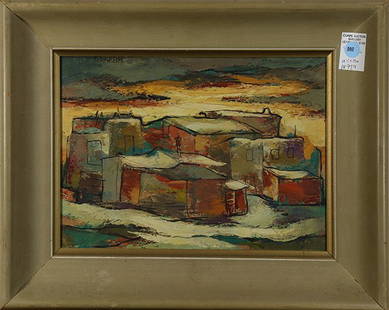 Painting, Ellwood Graham: Ellwood Graham (American, 1911-2007), "Alameda Snow 2," oil on board, signed upper left, gallery label Pat Wall Gallery (Monterey, CA) affixed verso, overall (with frame): 14.5"h x 18"w