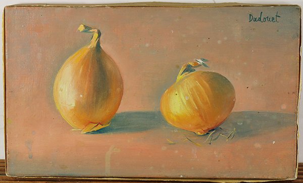 Painting, Marcel DuDouet: Marcel DuDouet (French, b. 1924), "Still Life with Onions," oil on canvas, signed lower right, overall (with frame): 6.5"h x 10.75"w