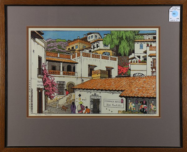 Print, Toshi Yoshida: Toshi Yoshida (Japanese, 1911-1995), "Taxco, Mexico," woodblock, pencil signed lower right, image: 9.75"h x 14.5"w, sight: 10.5"h x 15.25"w, overall (with frame): 17.75"h x 21.75"w