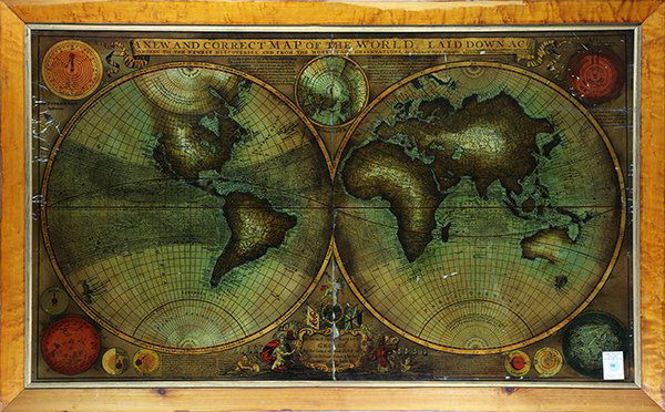 Map, Herman Moll: Herman Moll (British, 1654-1732), "A New and Correct Map of the World," engraving on glass, overall (with frame): 26.5"h x 42.5"w