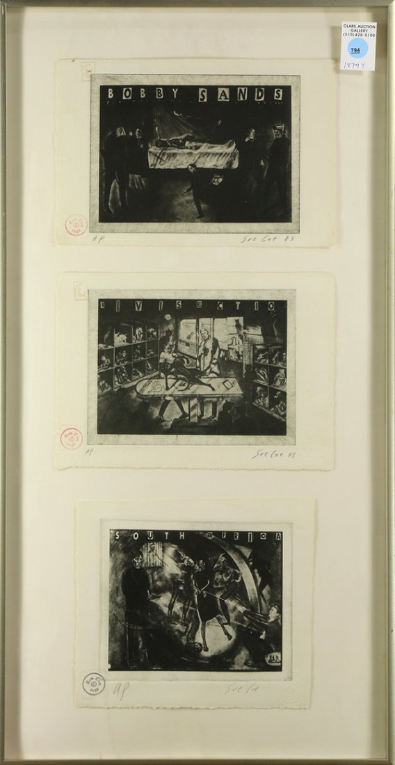 Prints, Sue Coe: (lot of 3) Sue Coe (British, b.1951), "Bobby Sands," "Vivisection," and "South Africa," 1982/1983, etching and offset print, pencil signed and dated lower right, each AP edition, each have artist stam
