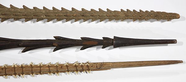 (lot of 3) Indigenous spears including an Aboriginal: (lot of 3) Indigenous spears including an Aboriginal style ceremonial example, and a Koa style mounted with teeth, largest: 101"l.