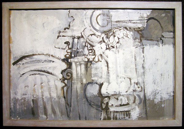 Oil, Untitled, Walter Snelgrove: Framed oil on paper, Untitled (ca. 1965), by Walter H. Snelgrove (Californian 1924-), signed on matboard backing, sheet: 27H x 40"W. Condition: Tack holes in margins. Information: Purchased from Gump'