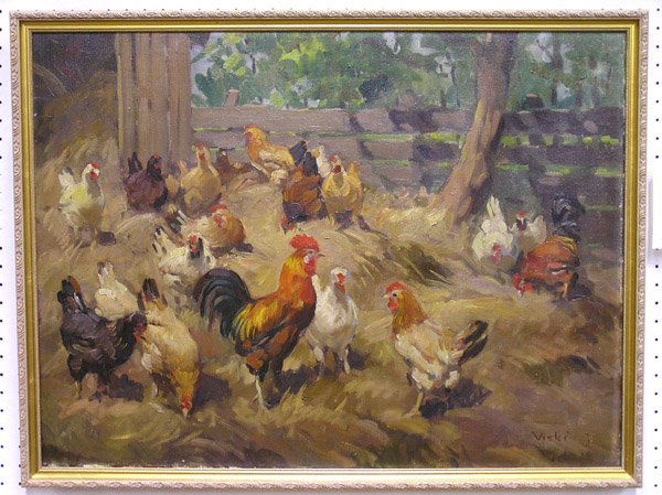 Oil, Roosters, Janos Viski, Hungarian: Framed oil on canvas, Roosters, by Janos Viski (Hungarian 1891-1965), signed Viski J." lower right, sight: 24"H x 32"W"