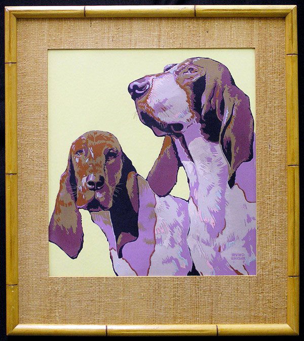 Serigraph, Hound Dogs, Irving Sinclair: Framed serigraph, Hound Dogs, by Irving Sinclair (Californian 1895-1969) image: 13''h x 12''w, signed lower right in plate, overall size: 19'' x 17''