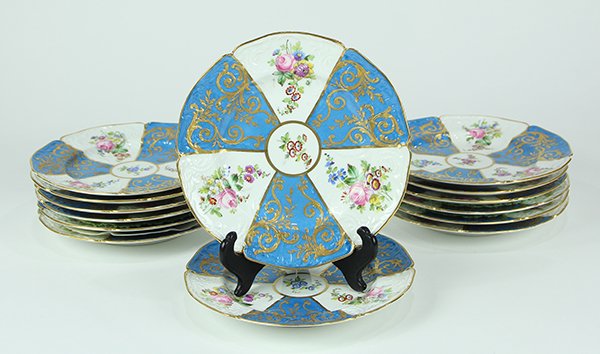 (Lot of 14) Sevres handpainted porcelain plates, with (1 of 4)