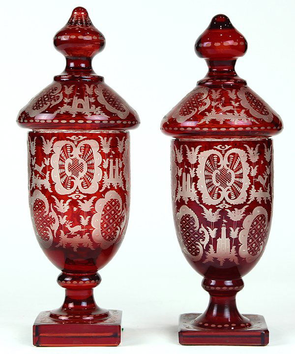 Pair of Bohemian glass lidded urns (1 of 3)