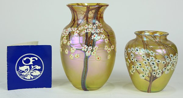 (lot of 2) Orient and Flume art glass vases: (lot of 2) Orient and Flume art glass vases, each having a shouldered form decorated with dogwood trees on an iridescent gold ground, marked and numbered on underside "Orient and Flume, 0398 TI 0F0814