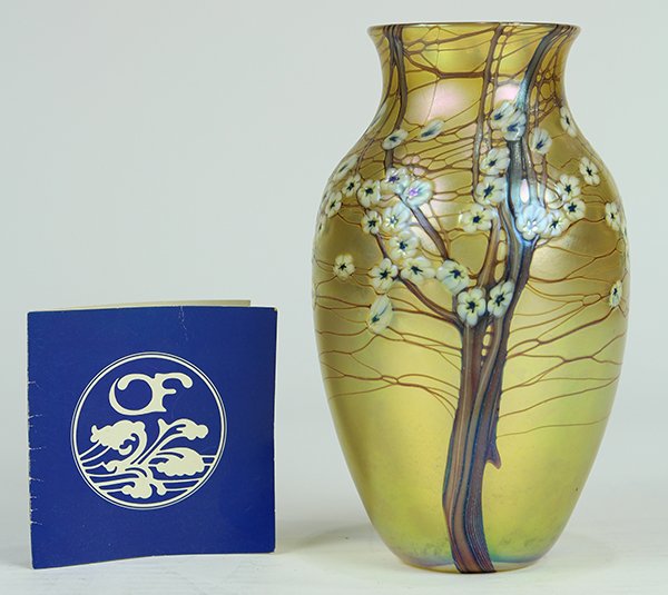 Orient and Flume art glass vase: Orient and Flume art glass vase, having a shouldered form decorated with dogwood trees on an iridescent gold ground, marked and numbered on underside "Orient and Flume, 0173V1GF08149", 7.5"h