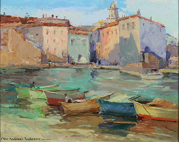 Painting, Nell Walker Warner: Nell Walker Warner (American, 1891-1970), Harbor Scene, oil on board, signed lower left, sight: 12"h x 15"w, overall (with frame): 18.25"h x 21.25"w
