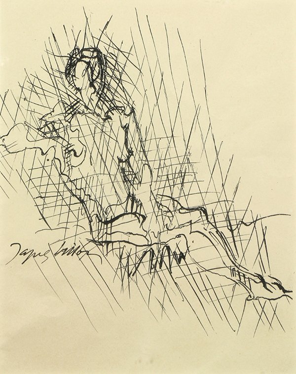 Drawing, Jacques (Gaston Duchamp) Villon: Jacques (Gaston Duchamp) Villon (French, 1875-1963), Female Nude Reclining, ink on paper, signed lower left, sight: 7.25"h x 5.75"w, overall (with frame): 10.5"h x 8.75"w