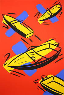 Print, Tom Slaughter: Tom Slaughter (American, b. 1955), "Boats," 1989, silkscreen, pencil signed lower right, edition: 43/75, stamped verso indicating date and publisher, George Mulder Fine Arts, overall (sheet/unframed):