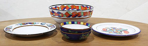 (lot of 5) John Okulick (American, born 1947),: (lot of 5) John Okulick (American, born 1947), polychrome decorated ceramic group, including two "Faces" bowls, each having an interior centered with a geometric stylized face; a "Roma" and a "Mangiar