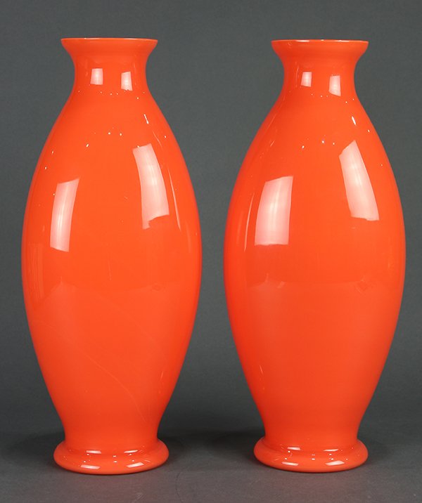 Pair of Murano art glass vases: Pair of Murano art glass vases, by La Murrina, having a shouldered form executed in orange, 16"h