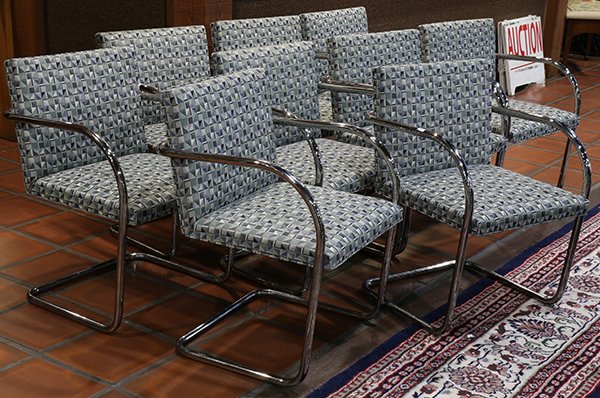 (Lot of 10) Knoll International Mies Van Der Rohe Brno: (Lot of 10) Knoll International Mies Van Der Rohe Brno chairs, each with a geometric triangular pattern upholstered back and seat, supported by a chrome frame, 31.5"h x 22"w x 24"d