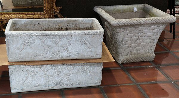 (lot of 3) Pair of Victorian style cement planters, (1 of 2)