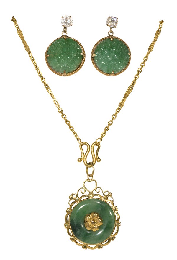 (Lot of 2) Jadeite, cubic zirconia and yellow gold (1 of 3)