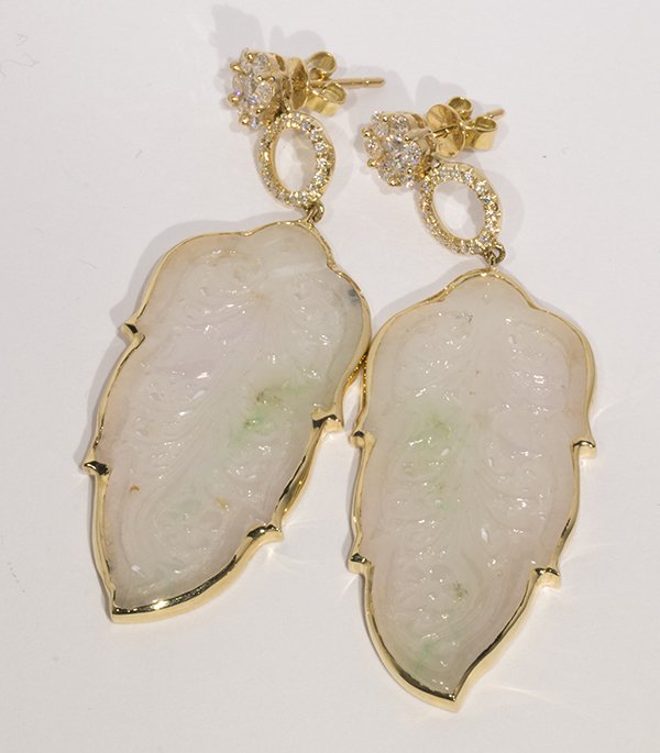 Pair of jadeite, diamond and 14k yellow gold earrings (1 of 3)