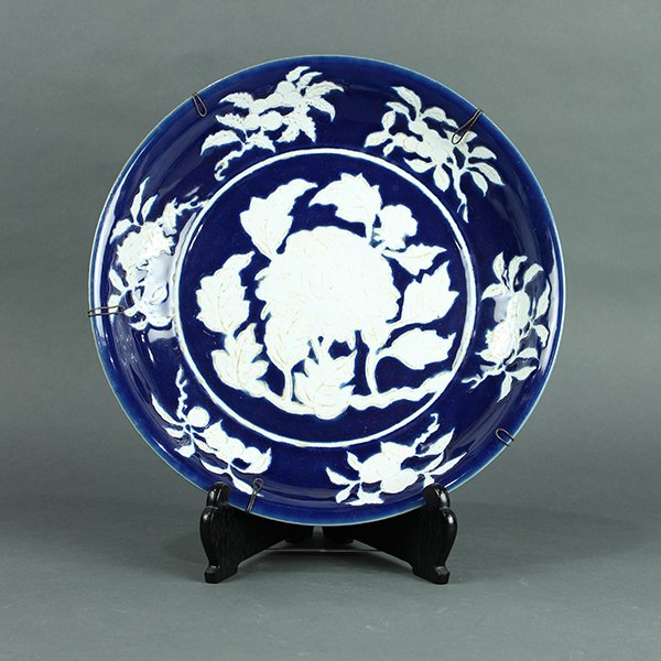 Chinese Blue Ground Charger, Peonies/Fruits (1 of 3)