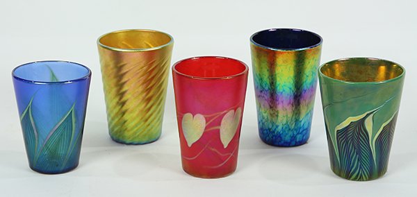 (Lot of 5) Lundberg Studios iridescent tumblers, 20th (1 of 2)