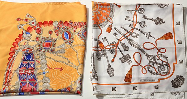 (Lot of 2) Hermes silk scares including "Les Cles",: (Lot of 2) Hermes silk scares including "Les Cles", originally issued in 1965, designed by Caty Latham, together with "Terres Precieuses", originally issuesd in 2002, designed by Annie Faivre, largest