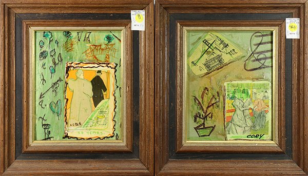 Collages, Edward J. Cory: (lot of 2) Edward J. Cory (American, 20th century), Art for Everyone, mixed media collages on board, each signed lower right, artist label affixed verso, each overall (with frame): 15"h x 13"w