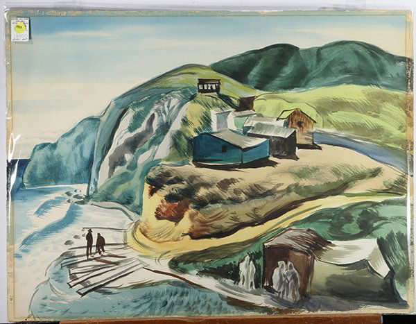 Watercolor, Circle of Millard Owen Sheets: Circle of Millard Sheets (American, 1907-1989), "Satt Creek Cove" and Still Life with Grapes, double-sided watercolor, unsigned, titled in pencil, shipping label (Ellison's Paint Store, Claremont, Cal