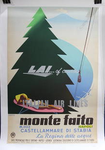 Italian Vintage Travel Poster, Mario Puppo: Mario Puppo (Italian, 1905-1977), LAI Monte Faito, 1955, lithograph in colors on linen, printed by S.p.A. Richte C., (Napoli, Italia), poster: 39.25"h x 25.5"w, overall (with linen): 43"h x 29.5"w