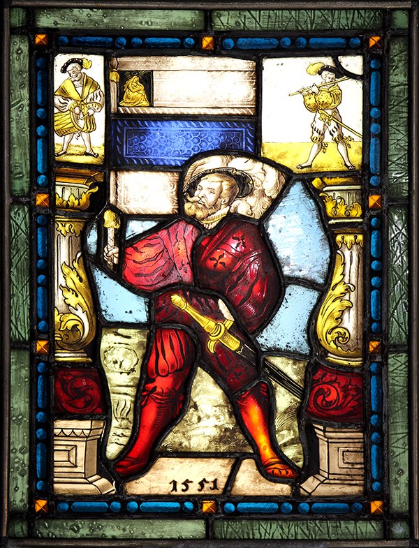 Leaded glass panel, depicting figures in period dress, (1 of 4)