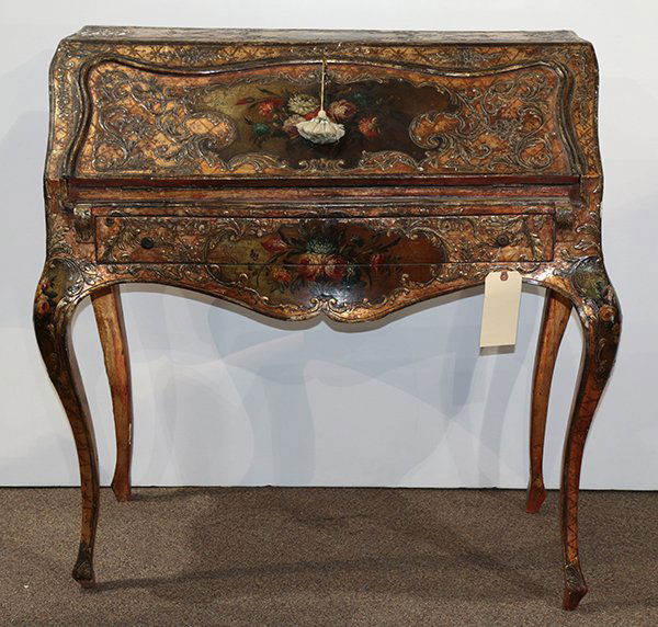 Venetian painted and gilt slant front desk, the hinged (1 of 5)